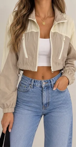 Garage Cropped Windbreaker Jacket XS Beige Cream Colorblock Y2K thumbnail 1