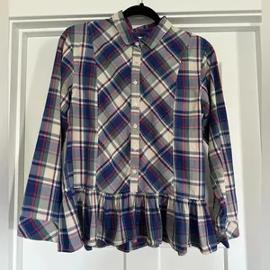Kensie Plaid Button Down Top with Ruffled Bottom thumbnail 1