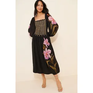 FARM Rio Embroidered Goddess Orchid Floral Long Sleeve Midi Dress Black Small thumbnail 3