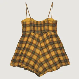 164‎ | Urban Outfitters Plaid Ruffle Smocked Back Romper Orange Yellow Women L thumbnail 4
