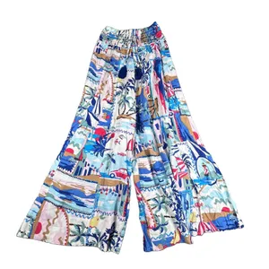True Destinations Coastal Wide Leg Palazzo Pants Small Tropical Print Smocked thumbnail 2
