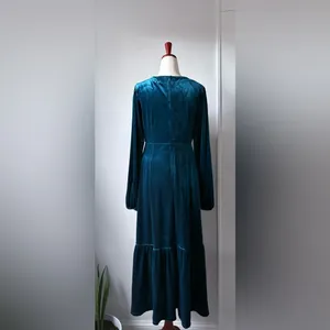 Baltic Born Deep Blue Velvet Long Sleeve Dress Deep V neck Elegant Midi Medium thumbnail 3