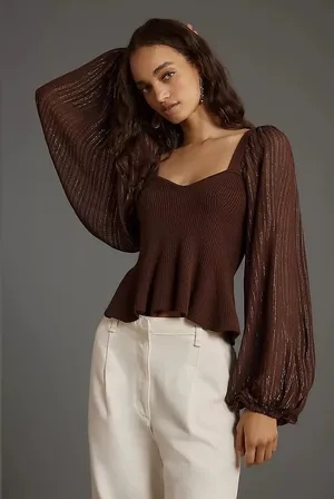 Anthropologie‎ Bl-nk Peplum Twofer Sweater Top Balloon Sleeves Brown Size Small thumbnail 1