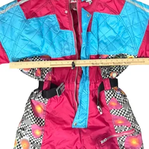 Vintage 90s Blue Pink Checkerboard Hooded Ski Suit One Piece Size S *GOOD* thumbnail 4