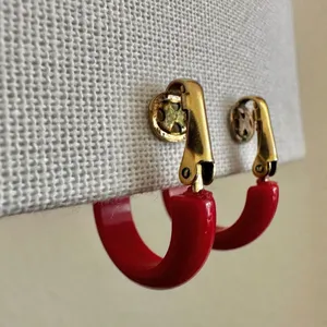 Red and gold tone vintage hoop earrings thumbnail 2