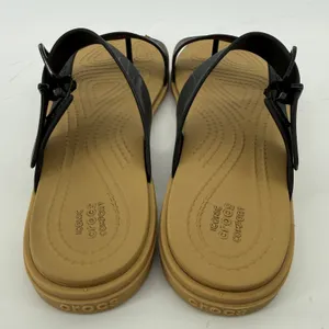 Crocs Tulum Toe Post Sandal Black Tan Women 7 Strappy Slip On Flip Flop Buckle thumbnail 4