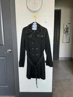 Vintage Banana Republic Black Cotton Trench Coat Contrast Stitch Belted L thumbnail 2