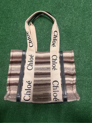 Chloé Beige and Brown Striped Canvas Tote with Logo Straps thumbnail 2