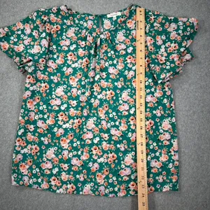 Pleione Green Floral Tiered Flutter Sleeve Blouse Women's Medium Round Neck thumbnail 5