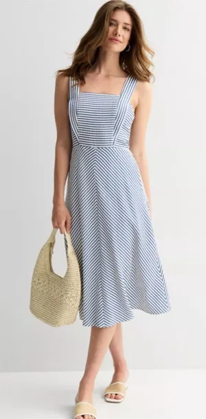 Draper James chevron Striped Square-Neck Midi Dress in Light Blue and White thumbnail 1