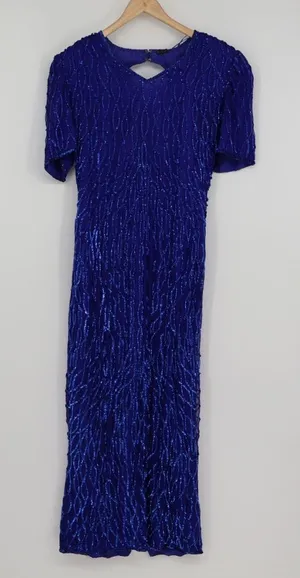 Vintage Silk Sequin Evening Gown Maxi Dress Lined Blue Elegant Zipper M/L 19"P2P thumbnail 1