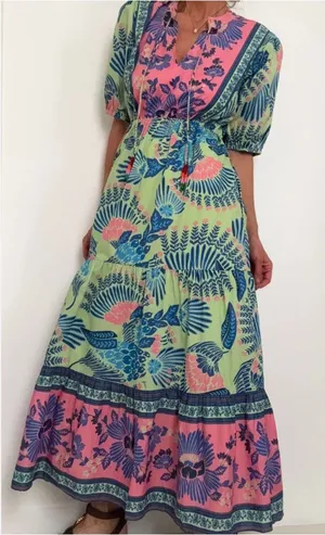 Farm Rio Short Sleeve Tiered Floral Midi Dress in Size Small Anthropologie thumbnail 1