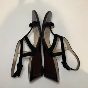 Jimmy Choo Wedge Sandals Black Suede and Chocolate Brown Patent Leather EU 39 thumbnail 5