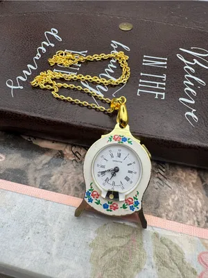 Vintage Sheraton Clock Pendant Necklace Floral Cottagecore Whimsigoth Gold Tone thumbnail 2