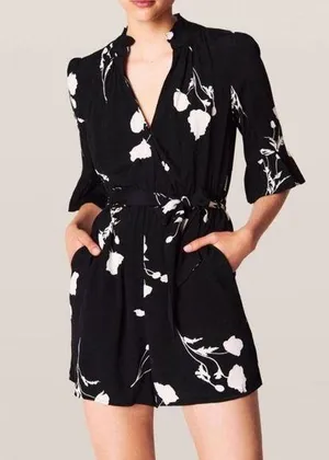 BA&SH Penny Floral Belted Romper Black and White Size 6 thumbnail 1