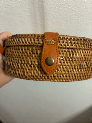 Round Woven RattanCrossbody Bag in Tan with leather strap & snap closure thumbnail 4