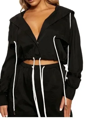 naked wardrobe Black Hooded Jacket with White Drawstrings thumbnail 1