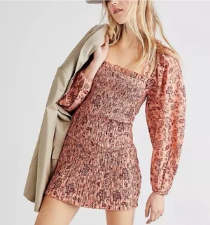 Women’s Free People Apricot Floral Smock It To Me Mini Dress Size M thumbnail 1