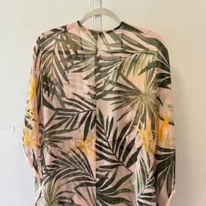 Francescas Tropical Palm Leaf Sheer Swim Cover Up Pink Green Small Crochet Trim thumbnail 7