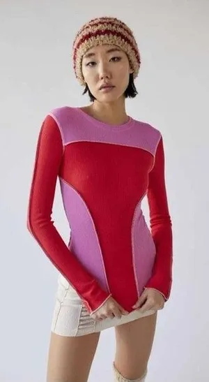 Urban Outfitters Emme Thermal‎ Seamed Blouse Top Knit Long Sleeve pink red Small thumbnail 1