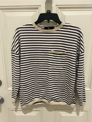 Striped Crewneck Sweater with Contrast Trim - Black & Cream thumbnail 2