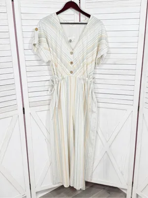 World Market Shilo Striped Wide Leg Cinch Waist‎ Jumpsuit Ivory Multi Cropped thumbnail 8
