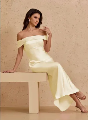 Satin strapless maxi dress formal wedding yellow thumbnail 4