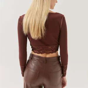 New with tags. Brown lace trim long sleeve crop top thumbnail 2