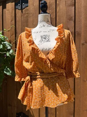 Women’s Ruffled Casual Work Wrap Blouse Size L Golden Mustard Yellow EUC thumbnail 1