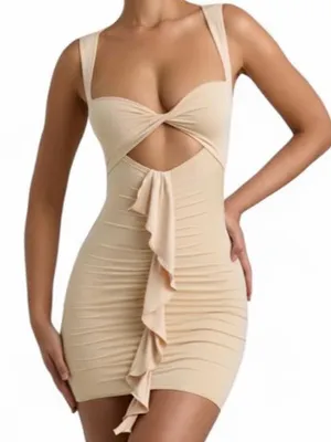 Oh Polly Beige Twist Front Ruffle Mini Dress thumbnail 1