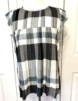 LOFT Teal Plaid Ruffle Sleeve Top Small thumbnail 1