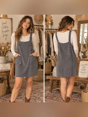POL Washed Gray Corduroy Pinafore Mini Dress thumbnail 2