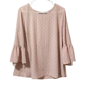 ELLE Women Size L Bell Sleeve Blouse Pink Polka Dots Polyester‎ Lightweight Boho thumbnail 1