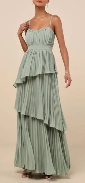NEW Lulus Jehona Sage Green Brush Pleated Tiered Maxi Dress Chiffon Gown Large thumbnail 1