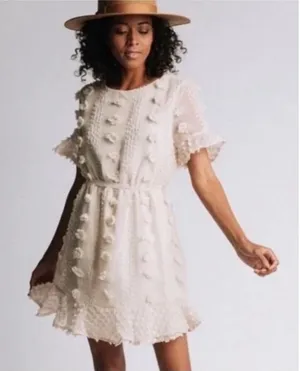 &merci Pom Pom Mini Dress Small Cream Boho Textured Ruffle Cottagecore Romantic‎ thumbnail 1