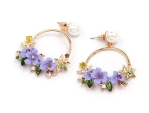 Women's Purple Crystal Flower Drop Dangle Hoop Earrings thumbnail 2