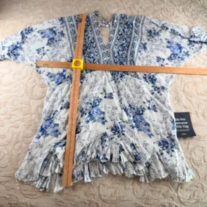 Lulus Blue and White Floral Toile Print Ruffled Mini Dress Large NWT Boho V-Neck thumbnail 5