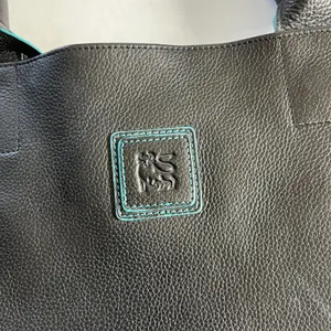 Black Deertan‎ Cowhide Leather Tote Bag Teal Trim Classic Minimalist Purse thumbnail 2