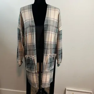 Homestead Plaid Rustic Green Relaxed Open Cardi Cuff Sleeve Duster Shacket thumbnail 7