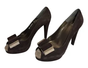 Stuart Weitzman Dark Brown Suede Peep-Toe Heels with Bow Detail thumbnail 1
