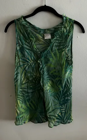 Jones New York Tropical 100% silk green blouse thumbnail 1