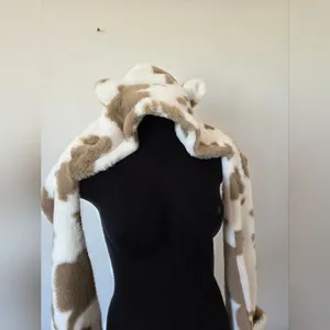 Ultra Soft Cow Print Hat Scarf Mitten Attached Furry Hood Ears Puppy Snow Bunny thumbnail 7