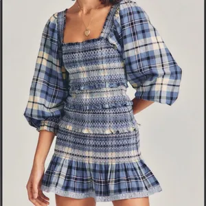 LoveShackFancy Stanley Blue Plaid Smocked Mini Dress Medium thumbnail 1