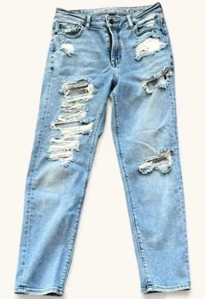 American Eagle Mom Jeans Women's 4 High Rise Distressed Stretch Denim Blue thumbnail 1