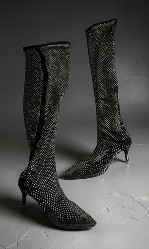 BLACK Mesh Rhinestone Pull On Boots Size JPN 24.5 / US 8.5 thumbnail 1