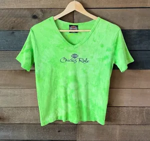 Vintage Harley Davidson Chicks Rule Lime Green Tie Dye Baby Tee thumbnail 1