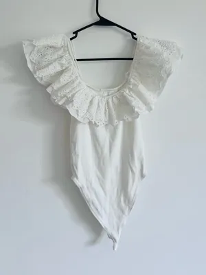 Zara White Eyelet Ruffle Bodysuit Cottagecore Coquette M thumbnail 3