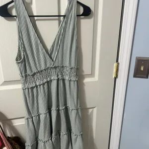 American Eagle Outfitters Sage Stripe V-Neck Tiered Midi Dress thumbnail 4