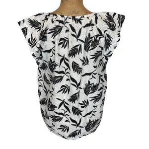 NWT Loft Botanical Eyelet Blouse White Black Cap Sleeve‎ Cotton Medium Petite thumbnail 3