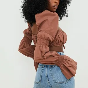 House of CB Molly Shirred Top XS Chocolate Puff Sleeve Romantic Cottagecore Sexy thumbnail 3